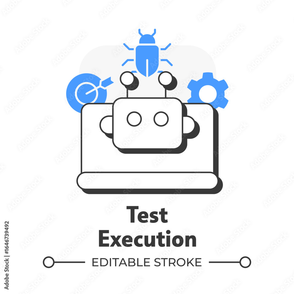 Poster test execution flat outline concept icon. bug analysis, tracking. artificial intelligence, chatbot. 