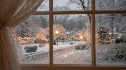 cozy winter landscape viewed through frosted window softly illuminated by ultrabright christmas lights
