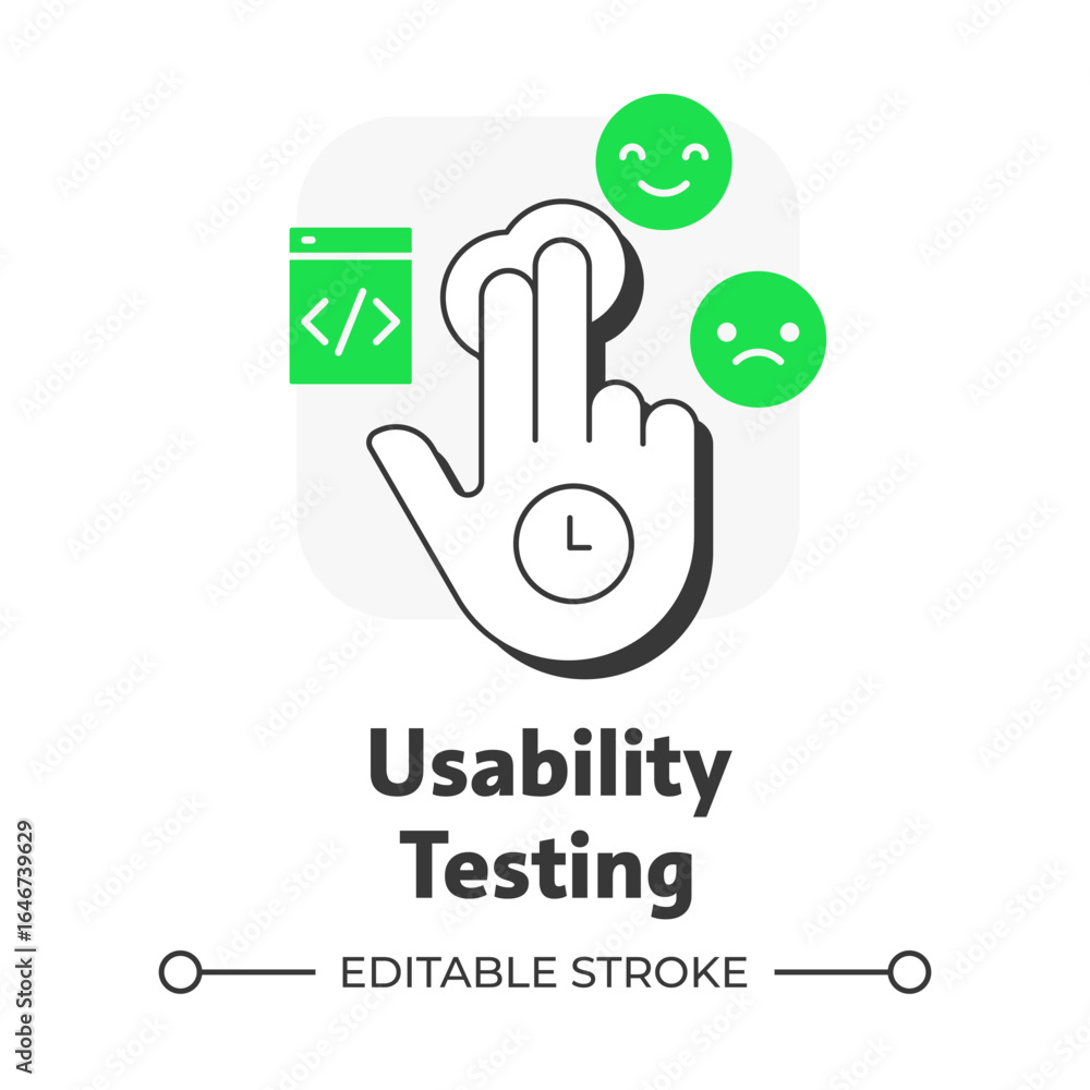 Poster usability testing flat outline concept icon. customer experience, user service. software development