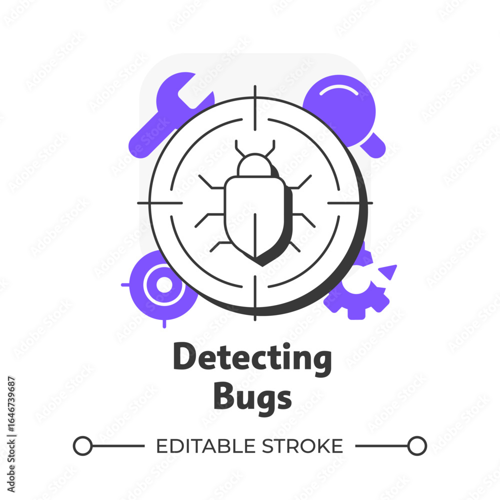 Poster detecting bugs flat outline concept icon. software engineering, developer. system maintenance, qa te