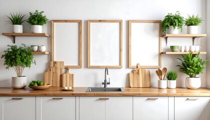 Modern kitchen mockup with plants and frames