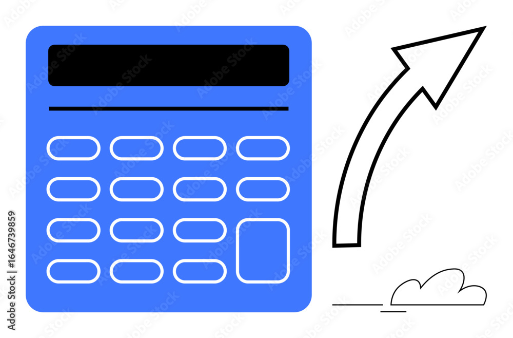 Poster blue calculator with bold buttons and an arrow pointing upward, symbolizing financial calculations, 