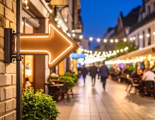 Obraz premium neon arrow pointing to a trendy café on a bustling city street with lights