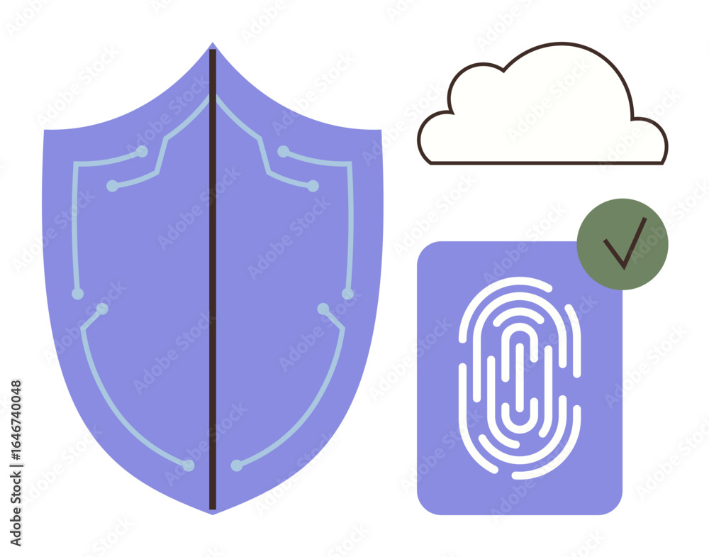 Poster shield with circuit design, fingerprint scanner, cloud, and checkmark symbolizing data protection. i