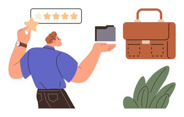 Man holding a star near a rating scale and document folder. Nearby business bag and plant add context to productivity, evaluation, and professionalism. Ideal for feedback, organization, quality, job