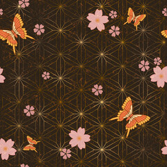 日本の伝統文様　シームレス　桔梗麻の葉　蝶　桜