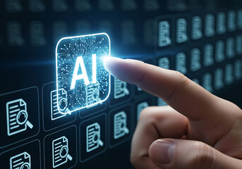 AI Technology: Futuristic Interface, Document Search, Digital Fingertip Interaction, Blue Sci-Fi Theme.