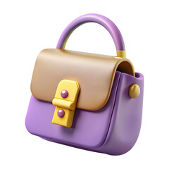 3d icon of purple and tan fashion handbag with gold clasp isolated on transparent background