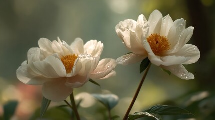 Fototapeta premium Delicate white flowers, glistening with dew, blooming in soft sunlight, conveying peace and natural beauty.