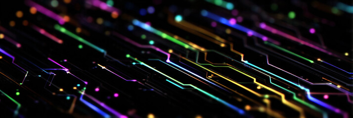 Fototapeta premium PATRONES ABSTRACTOS DE PLACA DE CIRCUITO EN LÍNEAS DE NEÓN VIBRANTES