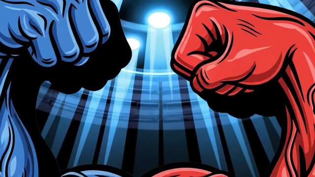 Red vs. Blue: Muscular Arms Clash in Cartoon Style Showdown of Strength and Power!