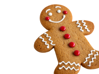 Gingerbread cookie decorated with red candy buttons and white icing smiling for festive christmas celebration treat
