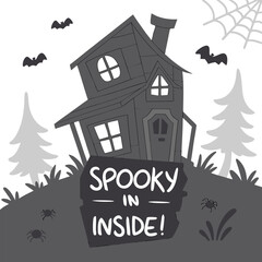 Fototapeta premium Cartoon spooky house with bats and spiderweb on a hill with a sign that says spooky inside