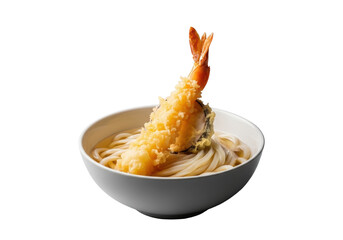 Perfectly fried golden shrimp tempura with flaky batter and an upward tail atop thick udon noodles in a bowl, isolated on transparent, dramatic backlighting, photorealistic, culinary masterpiece