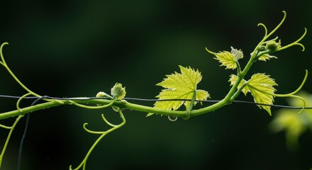 Close-up of Grape Vine with Leaves Tendrils and Wire.