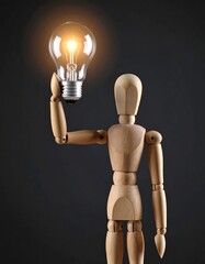 the power of ideas captured in a wooden figurine holding a glowing lightbulb