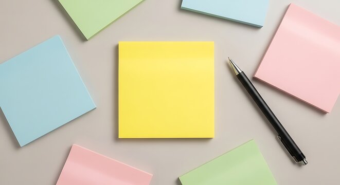 Colorful sticky notes scattered with pen, ideal for organization or reminders