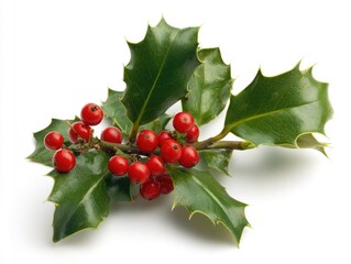 Holly sprig with red berries against white