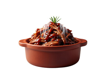Rustic clay pot with tender braised beef brisket, rich dark sauce, and active white steam, garnished with rosemary on blurred gray studio background, enticing comfort food concept.