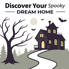 Illustration of a spooky house with bats flying around it and a bare tree on a halloween night scene