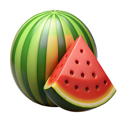 3d icon of a whole watermelon and a slice of watermelon, isolated on transparent background