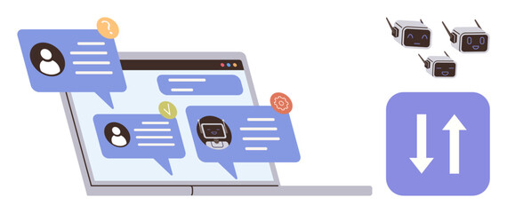 Laptop screen with chat bubbles, user profiles, and AI chatbot icons. Small devices and a data transfer icon emphasize communication, technology, and automation. Ideal for tech, AI, networking