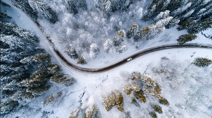 Snowy mountain road winding through a frosted forest. Aerial view