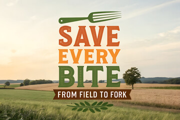 "Save Every Bite: From Field to Fork" - A powerful campaign message promoting food waste reduction, set against a beautiful agricultural landscape generative ai