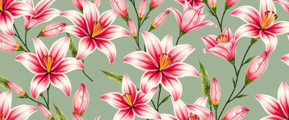 Delicate pink lilies, hand-drawn seamless pattern for elegant scrapbook & textile designs, texture, drawing