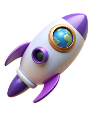 3d icon of cartoon rocket ship with planet earth in window, isolated on transparent background