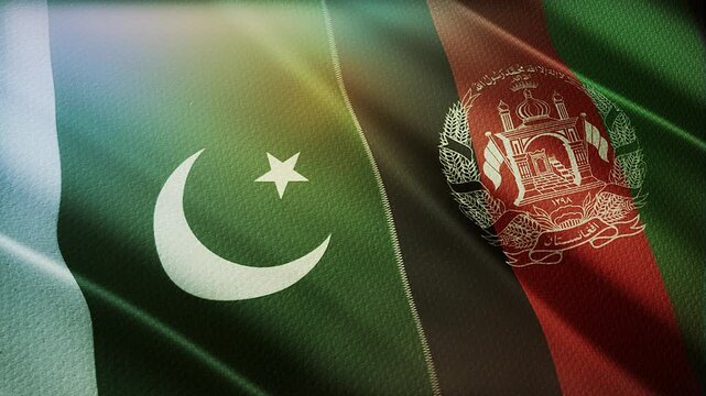 The diagonal and stitched-aligned combined Pakistan and Afghanistan flags are waving in the wind. Concept of Strategic negotiation, national relationship, Conflict, and War. 