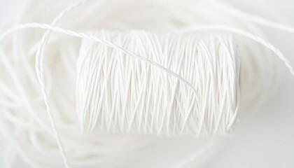 A full bobbin of pristine white thread, tightly wound, white, craft materials