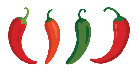 Four colorful chili peppers isolated on white background.