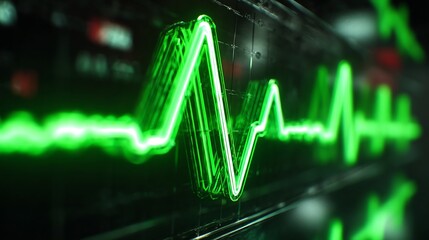 Obraz premium Green illuminated waveform displayed on a dark background. Abstract, futuristic graphic.