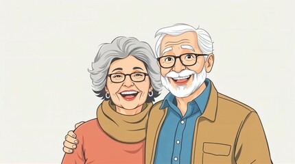 Happy elderly couple smiling together in a warm embrace, showcasing love and companionship during golden years of life in cheerful illustration style