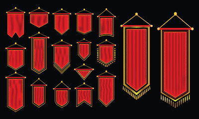 Royal flags icon set. Medieval banners and trophy empty flags vector templates. Medieval battle flag, Hanging fabric royal banner Gold Accents, pennant mockup, castle wall flags vector illustration.