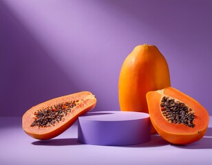 Summer diplay concept. Empty lilac podiums on lilac background with papaya fruits .Generated image