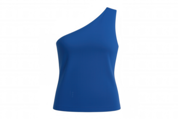 Sleek blue asymmetric tank top floating against transparent backdrop, highlighting contemporary summer fashion silhouette