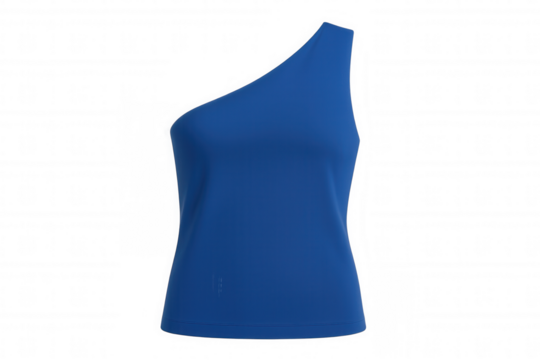Sleek blue asymmetric tank top floating against transparent backdrop, highlighting contemporary summer fashion silhouette
