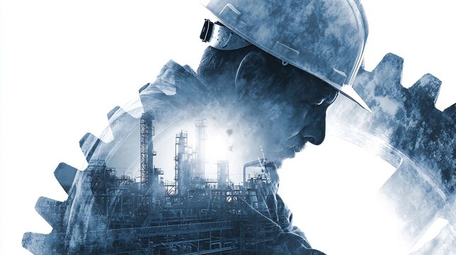 Industrial Worker Silhouette with Overlaid Factory Illustration, Representing Engineering and Manufacturing.