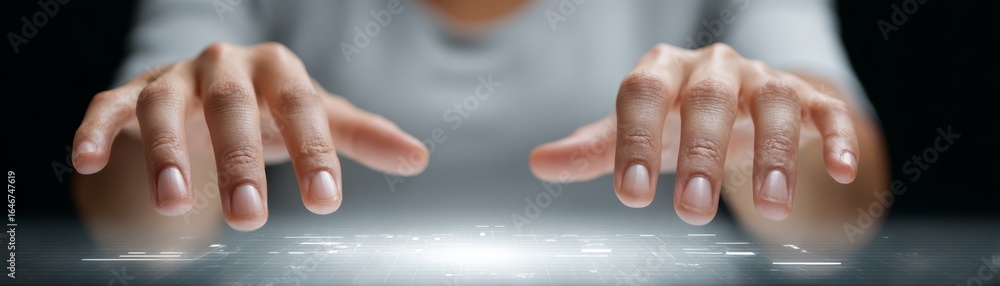 Poster an intricate portrayal of human interaction with advanced digital interfaces showcasing the seamless