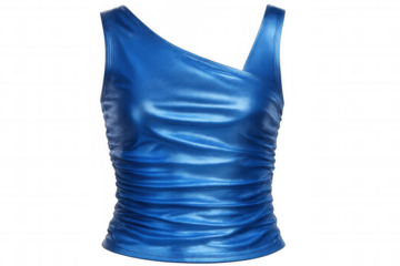 Sleeveless blue top with asymmetrical neckline, highlighting contemporary design against transparent backdrop for fashion styling