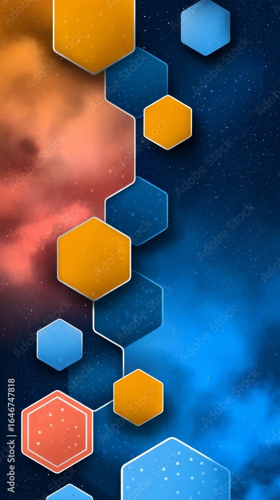 Poster a striking abstract composition of varied geometric shapes and forms displayed against a deep contra