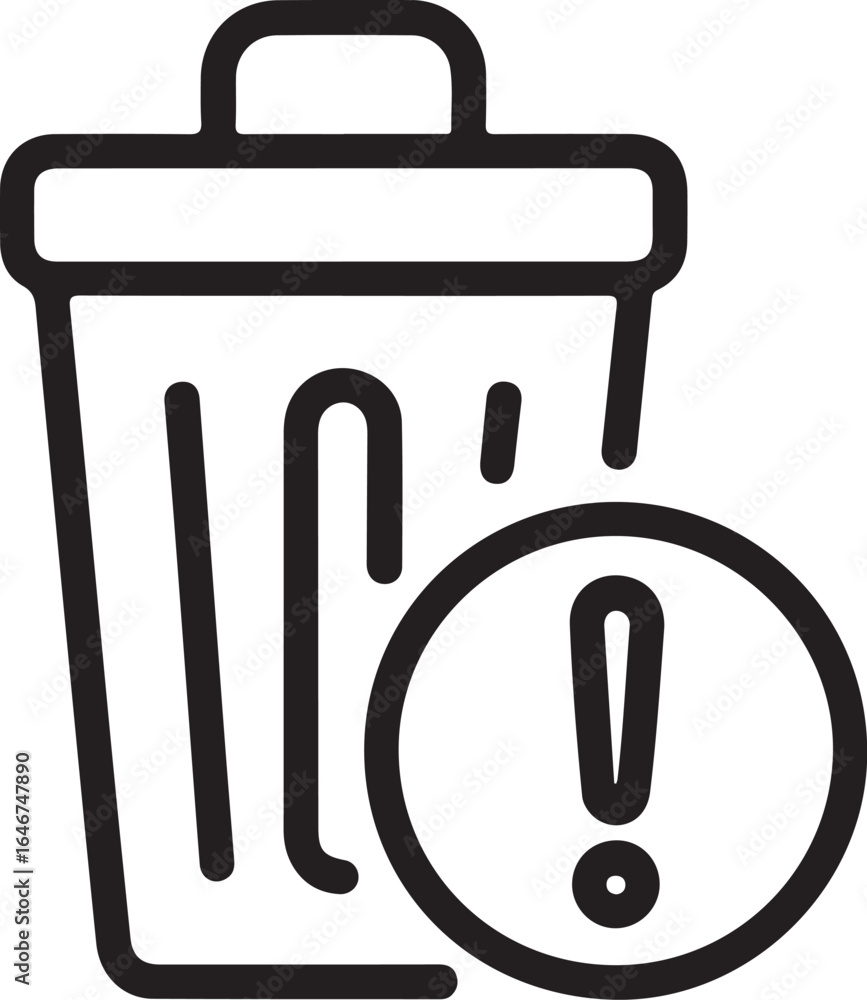 Poster simple line art icon of a trash can with an exclamation mark in a circle indicating an error or warn