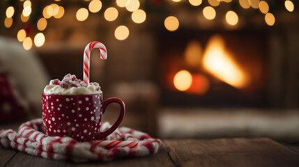 Red mug of hot cocoa with candy cane by holiday fireplace