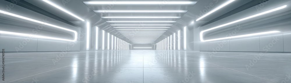 Poster an expansive and serene architectural corridor featuring pristine white surfaces and an extended lin