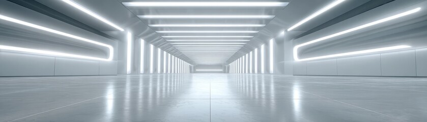 An Expansive and Serene Architectural Corridor Featuring Pristine White Surfaces and an Extended Linear Perspective.