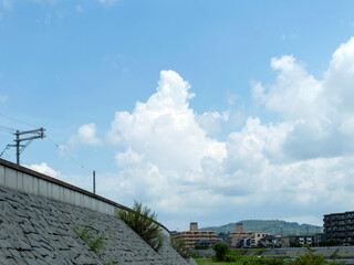 夏の青空と猪名川沿いの街並み