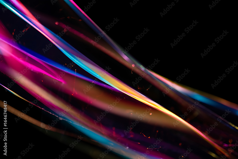 Poster abstract background of swirling vibrant neon light streaks in pink blue and gold against a dark blac
