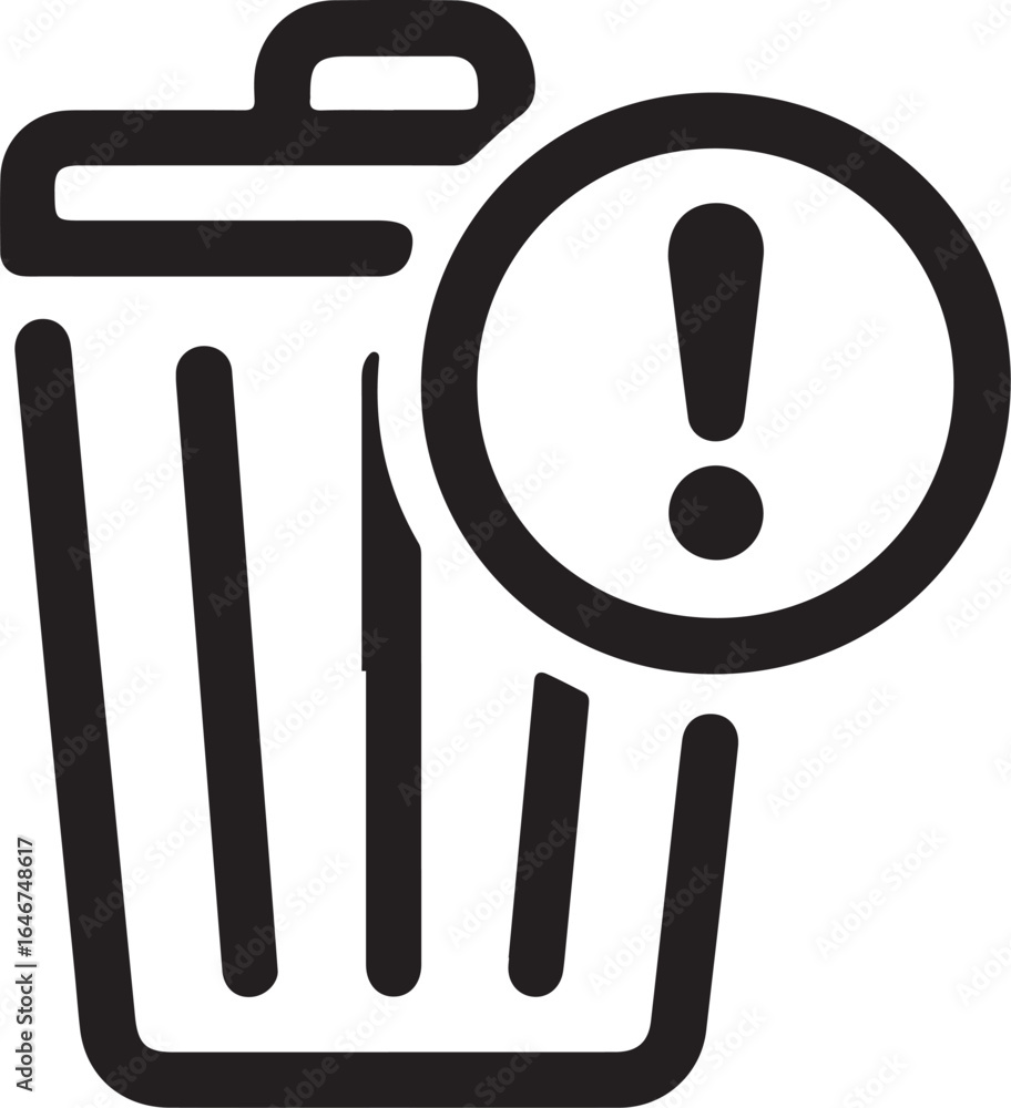 Poster simple black and white icon of a trash can with an exclamation mark in a circle indicating a warning